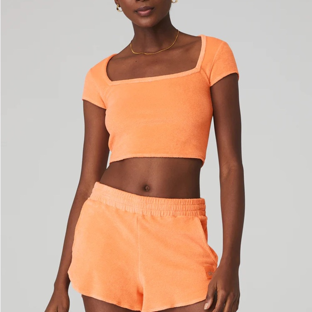ALO Yoga Orange Terry Crop Top and Shorts Set